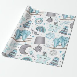 BABY BLAUWE & GRIJZE OLIFANTEN LAMPEN SPEELGOED CADEAUPAPIER