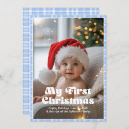 Baby Blauwe Ogen Gingham Mijn Eerste Kerstmis Baby Feestdagenkaart