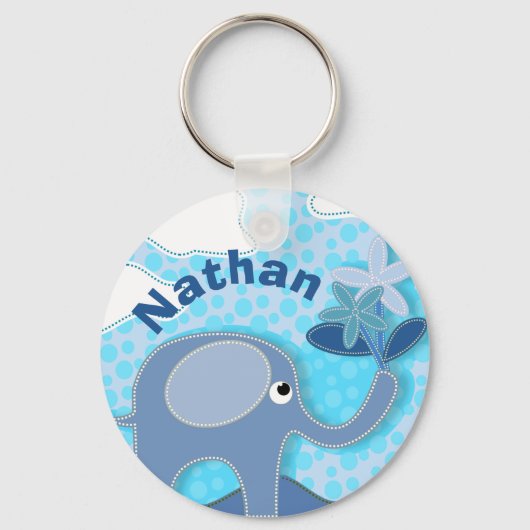 Baby Blauwe Olifant en Bloem Gepersonaliseerd Sleutelhanger (Voorkant)