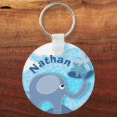 Baby Blauwe Olifant en Bloem Gepersonaliseerd Sleutelhanger (Voorkant)