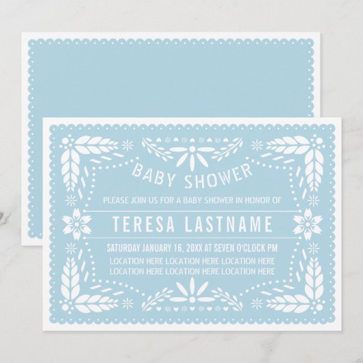 Baby blauwe papel picado Mexicaanse baby boy showe Kaart (Voorkant / Achterkant)