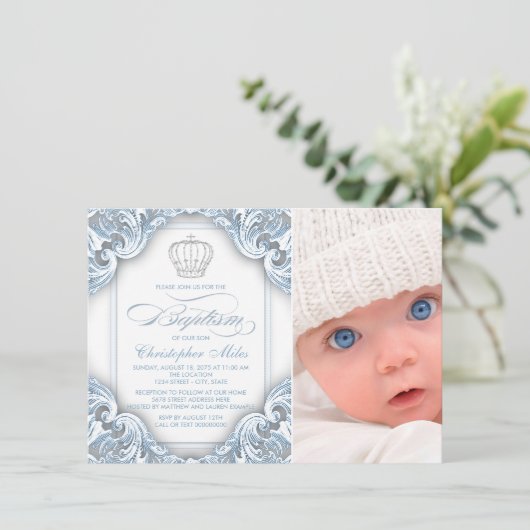 Baby Blauwe Prins Kroondoop Kaart (Staand voorkant)