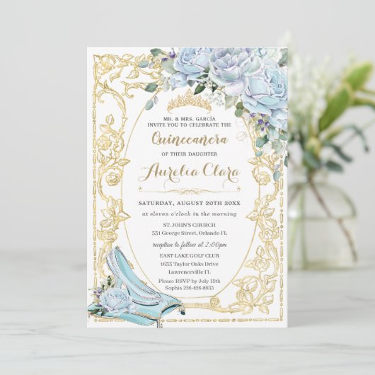  Baby Blauwe Rozen Assepoester Quinceañera Kaart (Staand voorkant)