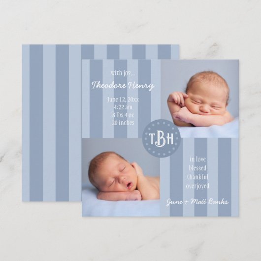 Baby Blauwe Streep Monogram Geboorte Aankondiging (Voorkant / Achterkant)