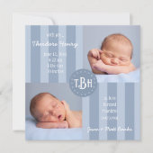 Baby Blauwe Streep Monogram Geboorte Aankondiging (Voorkant)
