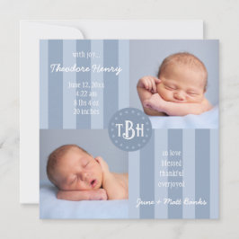Baby Blauwe Streep Monogram Geboorte Aankondiging