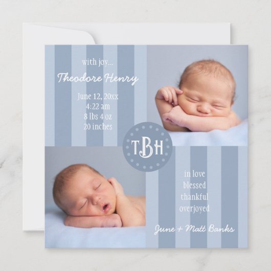 Baby Blauwe Streep Monogram Geboorte Aankondiging (Voorkant)