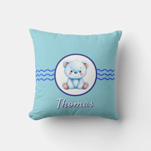 Baby blauwe teddybeer aangepaste naam kussen (Voorkant)