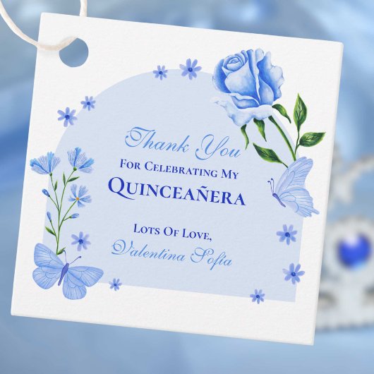 Baby Blauwe Vlinders en Rozen Floral Quinceañera Bedankjes Labels