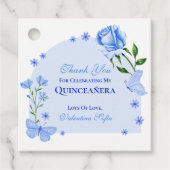 Baby Blauwe Vlinders en Rozen Floral Quinceañera Bedankjes Labels (Voorkant)