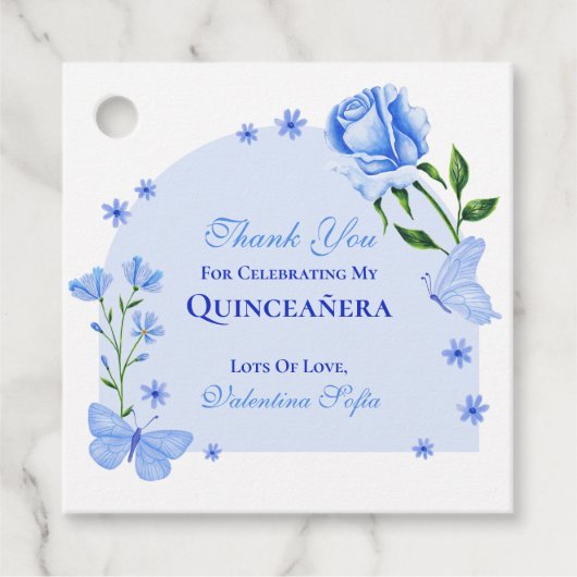 Baby Blauwe Vlinders en Rozen Floral Quinceañera Bedankjes Labels (Voorkant)