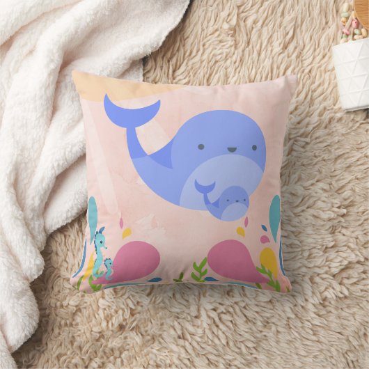 Baby blauwe walvis in roze oceaan scene kussen (Deken)