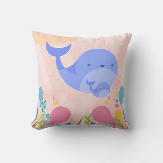Baby blauwe walvis in roze oceaan scene kussen (Voorkant)