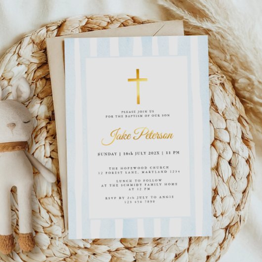 Baby Blauwe Waterverf Doop Folie Uitnodiging