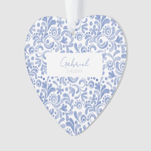 Baby Blauwe Waterverf NAAM GEBOORTEDATUM Sweet Hea Ornament (voorkant)