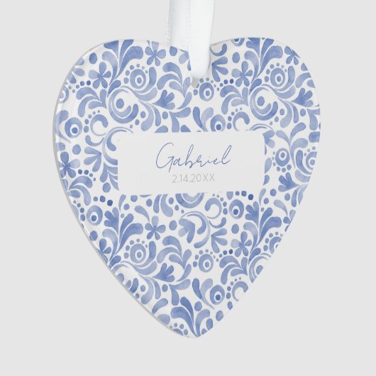 Baby Blauwe Waterverf NAAM GEBOORTEDATUM Sweet Hea Ornament (voorkant)
