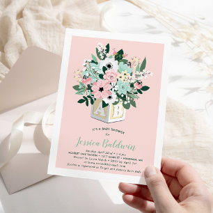 Baby Block Flowers Roze Mint Baby shower Kaart