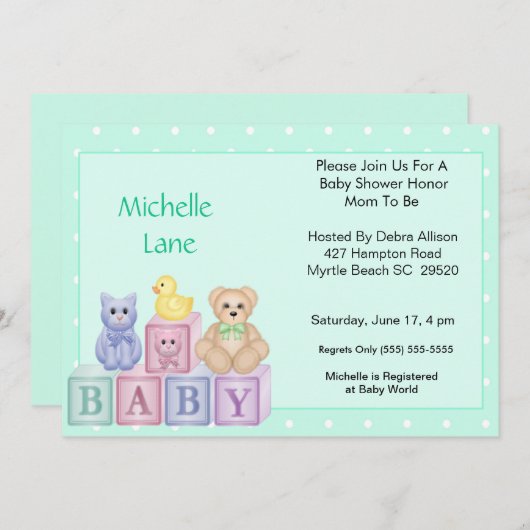 Baby Blocks Douche Uitnodiging (Voorkant / Achterkant)