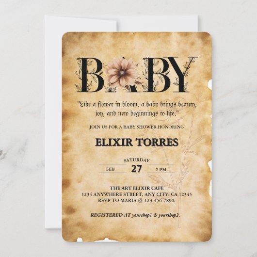 Baby- bloemmonogram Baby shower Kaart (Voorkant)