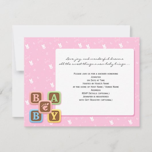 Baby Blokken op Roze Baby shower Uitnodiging (Voorkant)