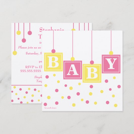 BABY Blokken Roze Geel Baby shower Kaart (Voorkant / Achterkant)