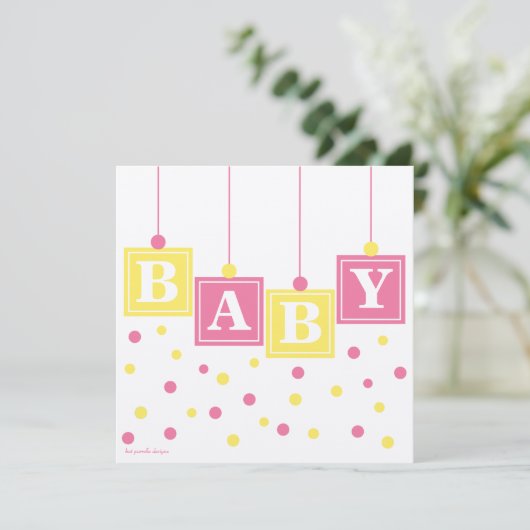 BABY Blokken Roze Geel Baby shower Kaart (Staand voorkant)