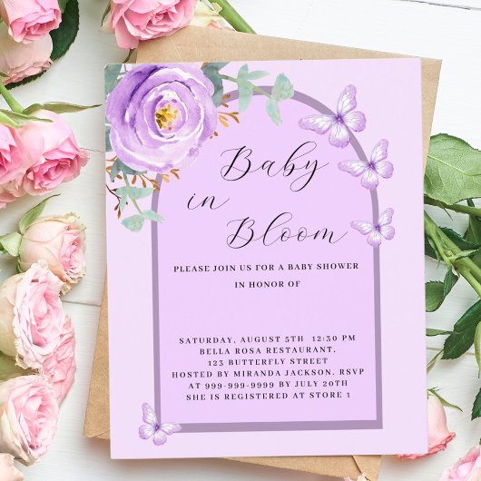 Baby Bloom paarse vlinder Baby shower uitnodiging