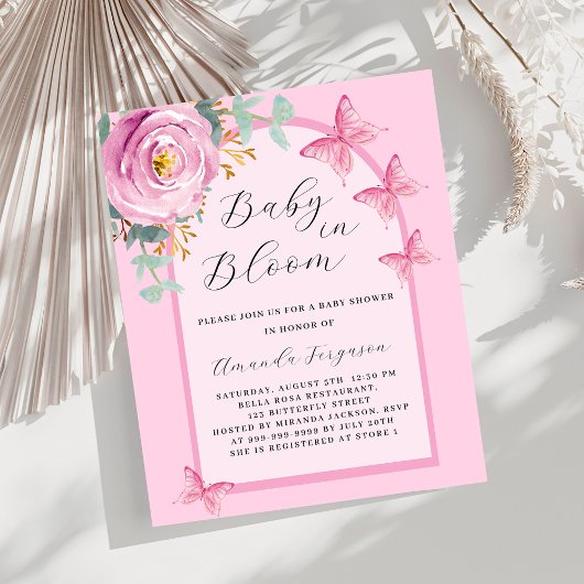 Baby Bloom roze vlinder Baby shower uitnodiging