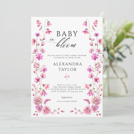 Baby Bloom Wildflower Garden Bold Pink Girl Shower Kaart (Staand voorkant)