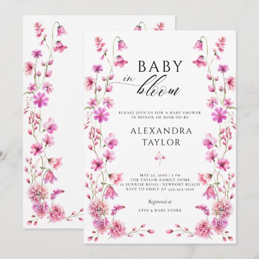 Baby Bloom Wildflower Garden Bold Pink Girl Shower Kaart (Voorkant / Achterkant)