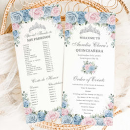 Baby Blue and Pink Floral Quinceañera Order Events Programmakaart