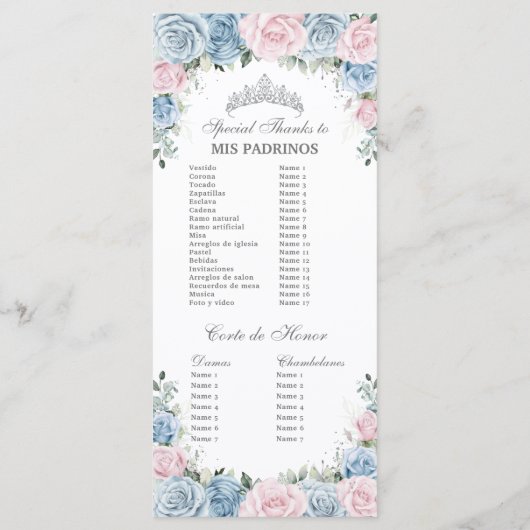 Baby Blue and Pink Floral Quinceañera Order Events Programmakaart (Achterkant)