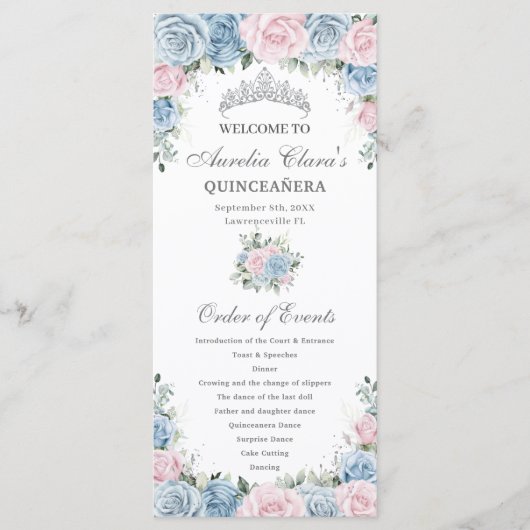 Baby Blue and Pink Floral Quinceañera Order Events Programmakaart (Voorkant)