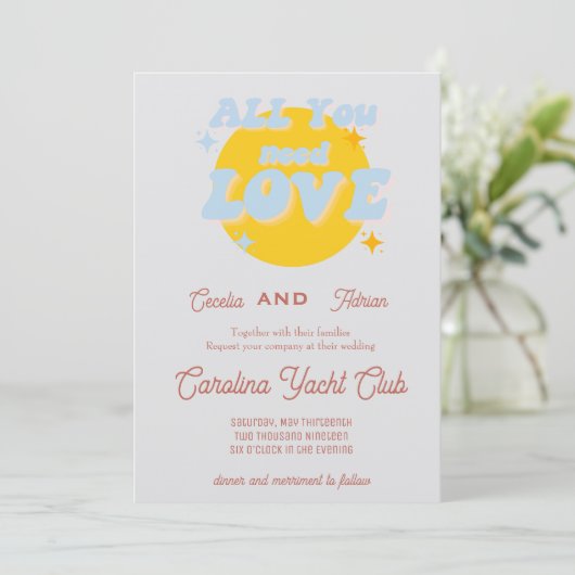 Baby Blue and Yellow Retro Wedding Invitation Kaart (Staand voorkant)