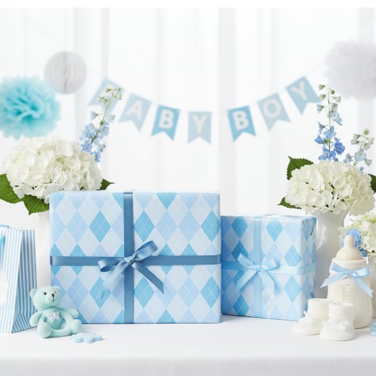 Baby Blue Argyle Baby shower Cadeaupapier