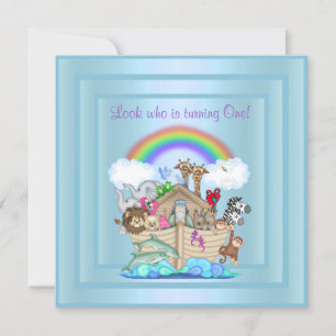 BABY BLUE ARK 1ST BIRTHDAY INVITATION KAART