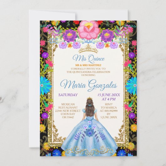 Baby Blue Background Mexican Mis Quince Invitation Kaart (Voorkant)