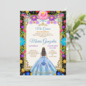 Baby Blue Background Mexican Mis Quince Invitation Kaart (Staand voorkant)