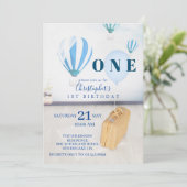 Baby Blue ballons 1e verjaardag Uitnodiging (Staand voorkant)