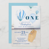 Baby Blue ballons 1e verjaardag Uitnodiging (Voorkant / Achterkant)