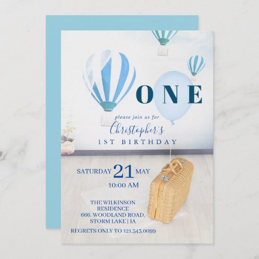 Baby Blue ballons 1e verjaardag Uitnodiging (Voorkant / Achterkant)