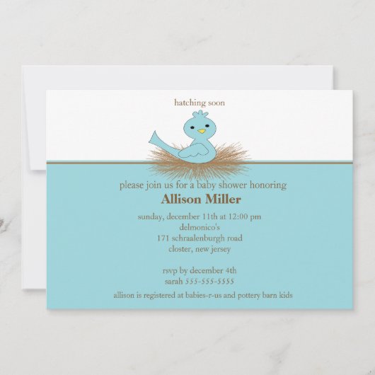 Baby Blue Bird Nest Boy Baby shower Invitation Kaart (Voorkant)