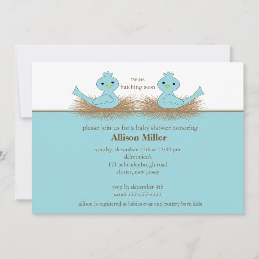 Baby Blue Birds TWINS Baby shower Invitation Kaart (Voorkant)