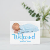 Baby Blue Birth Photo Announding Briefkaart (Staand voorkant)