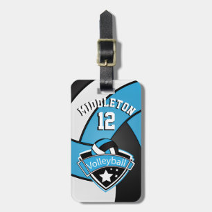 Baby Blue, Black en White Sporty Volleyball 🏐 Bagagelabel