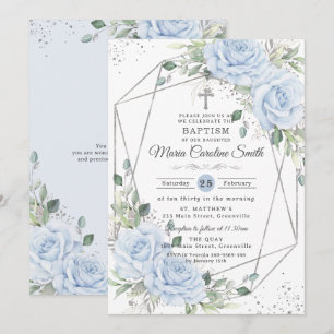 Baby Blue Bloem Zilver Doop Doopfeest Kaart
