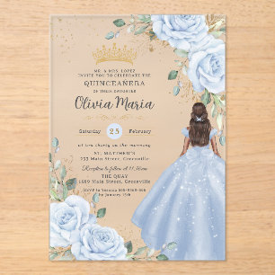 Baby Blue Bloemen Jurk Princess Quinceañera Feestj Acryl Uitnodigingen