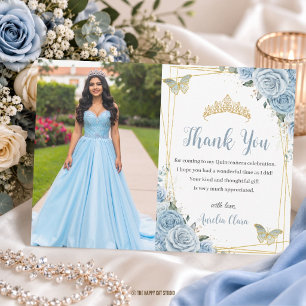 Baby Blue Bloemengoud Vlinder Quinceañera Foto Bedankkaart