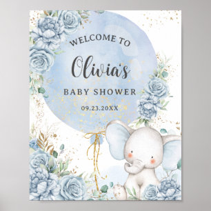 Baby Blue Bloemige Olifant Jongen Baby Borrel Poster