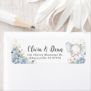 Baby Blue Bloemige Olifant Jongens Baby Shower adr Etiket
